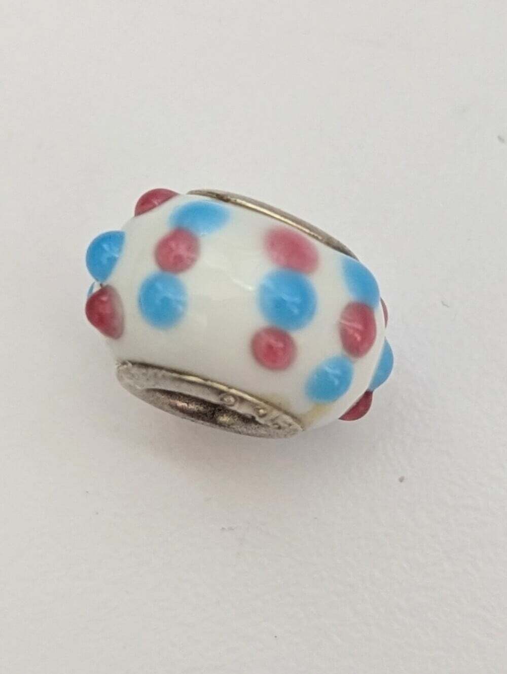 Pandora-Style White Glass 925 Silver Charm Bead w/Pink & Blue Raise Dots